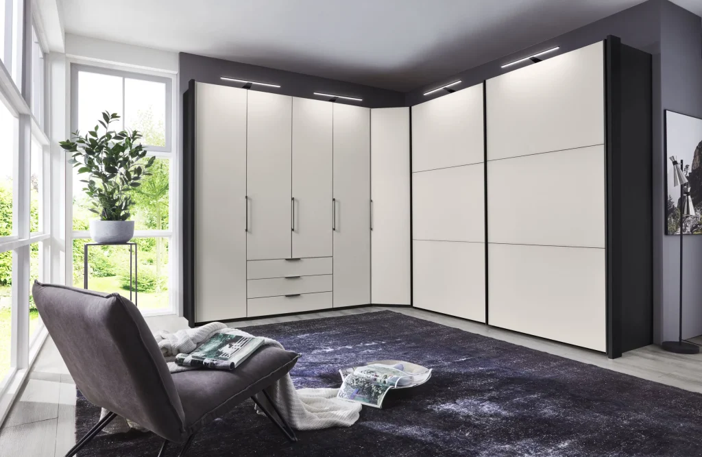 Glasgow-corner-arrangement-from-Wiemann-with-graphite-carcase-and-white-matt-glass-doors