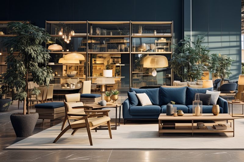 furniture showroom store display of home furniture mockup set showcase home interior design background